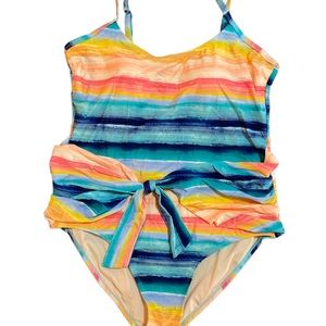 NWOT Carole Hochman 1 Piece Swimsuit XXL Multi Stripe Rouched Sides